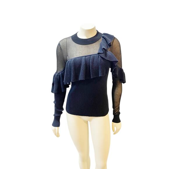 Self-Portrait Asymmetric Frill Long-Sleeve Wool Sweater Blue Women's Medium - Picture 3 of 11